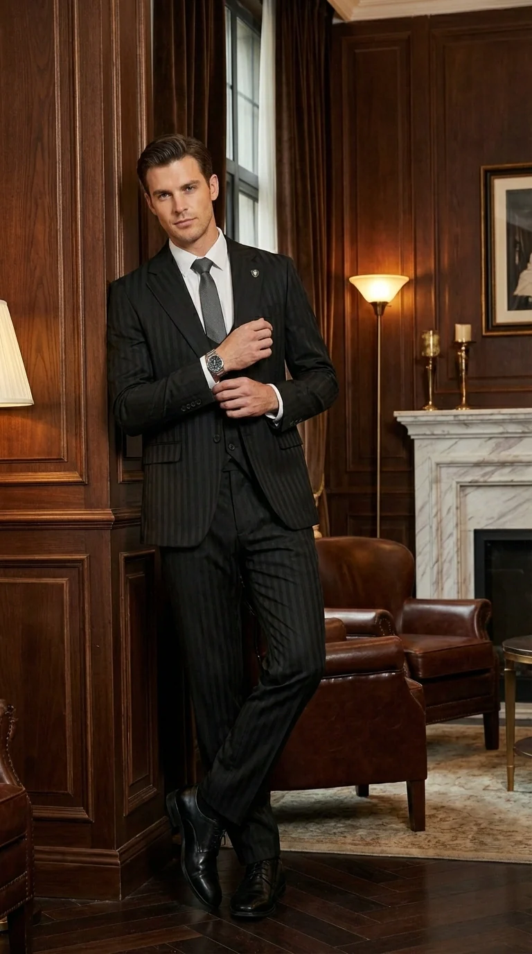 Men’s Black Pinstripe 3 Piece Suit – Vested Formal Business Suit for Wedding, Office, Prom and Party Wear - Image 14