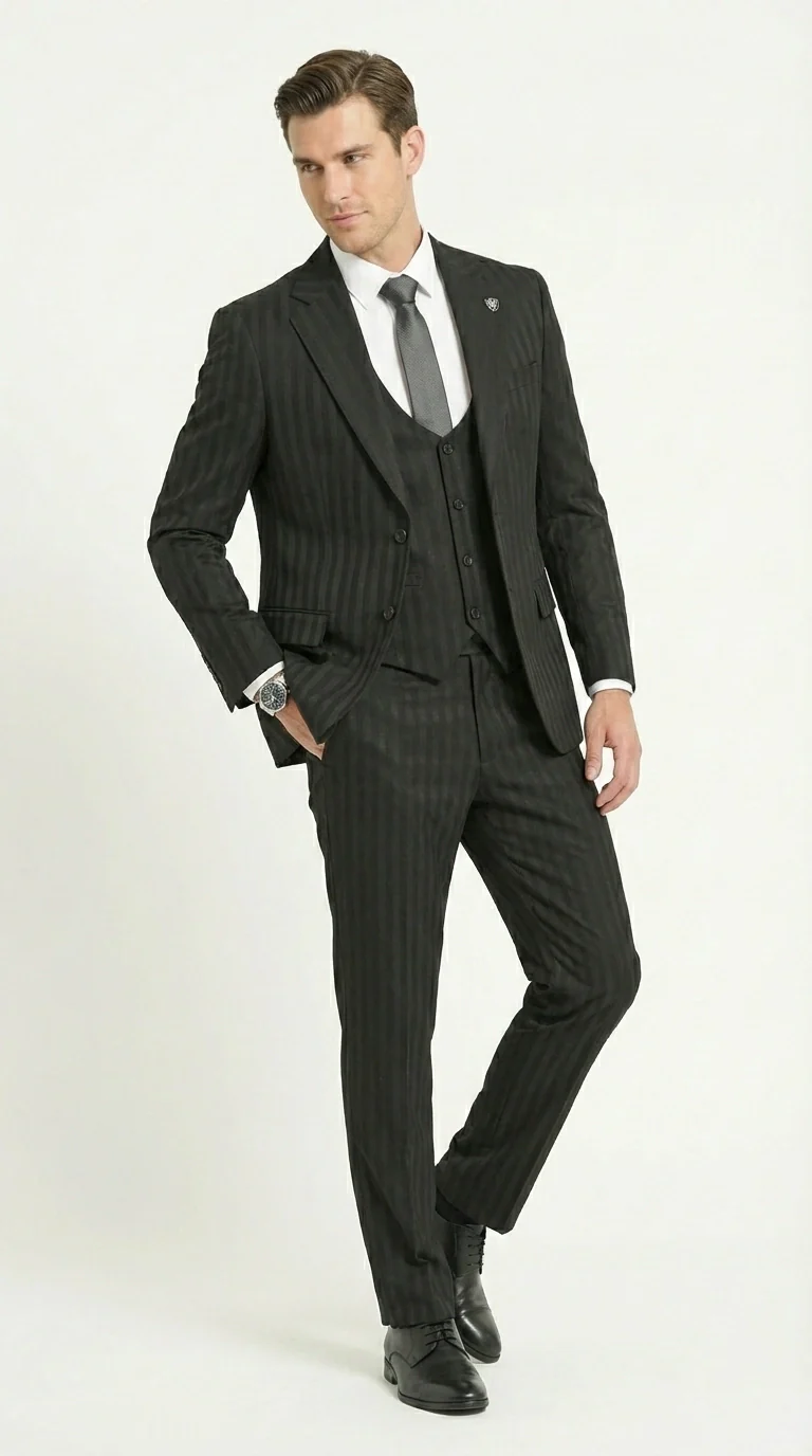 Men’s Black Pinstripe 3 Piece Suit – Vested Formal Business Suit for Wedding, Office, Prom and Party Wear - Image 7