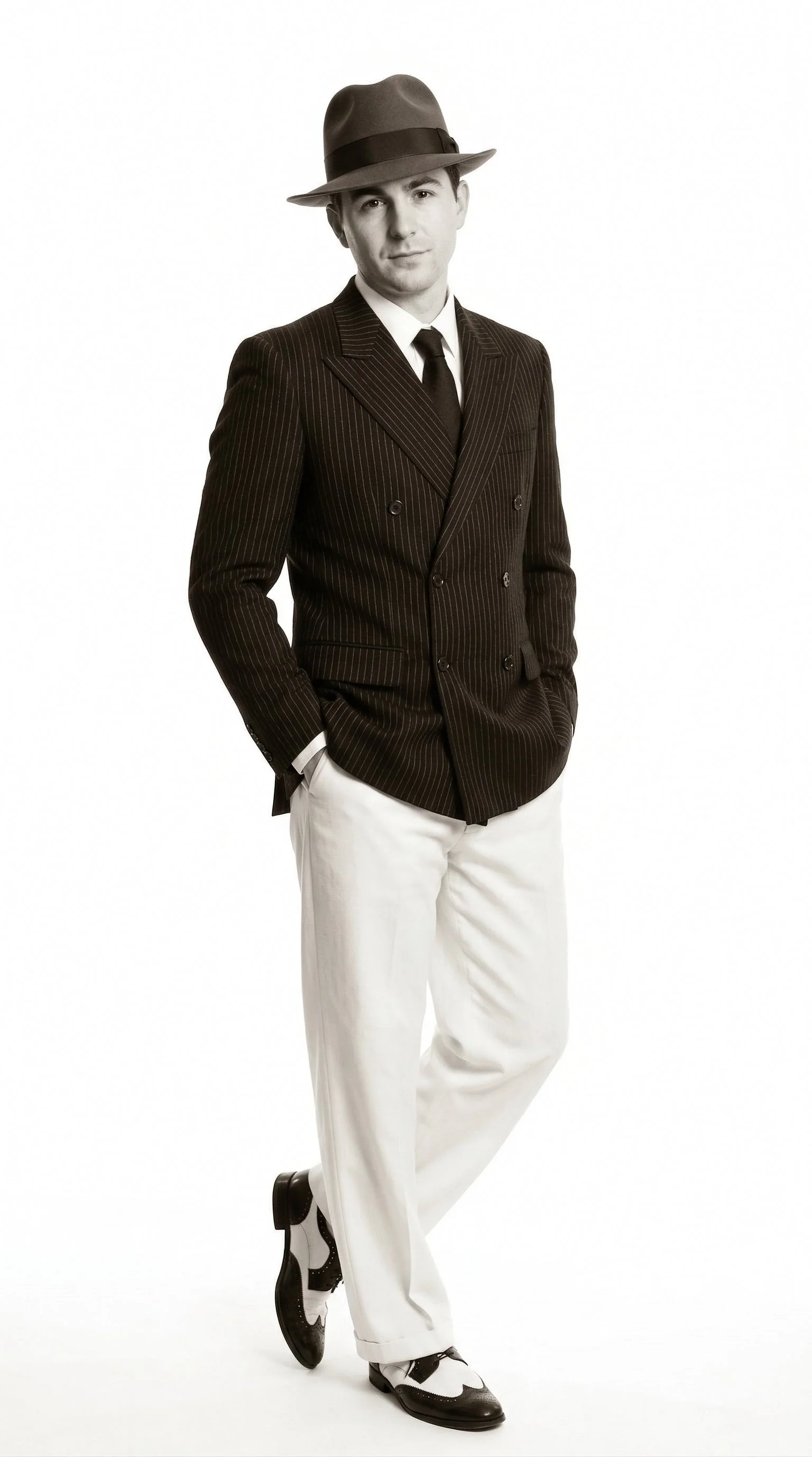 Men’s Black Pinstripe Blazer with White Pants 1920s Gangster Mob Boss Style Suit – Double Breasted Vintage Formal Jacket, Classic Party Costume Wear