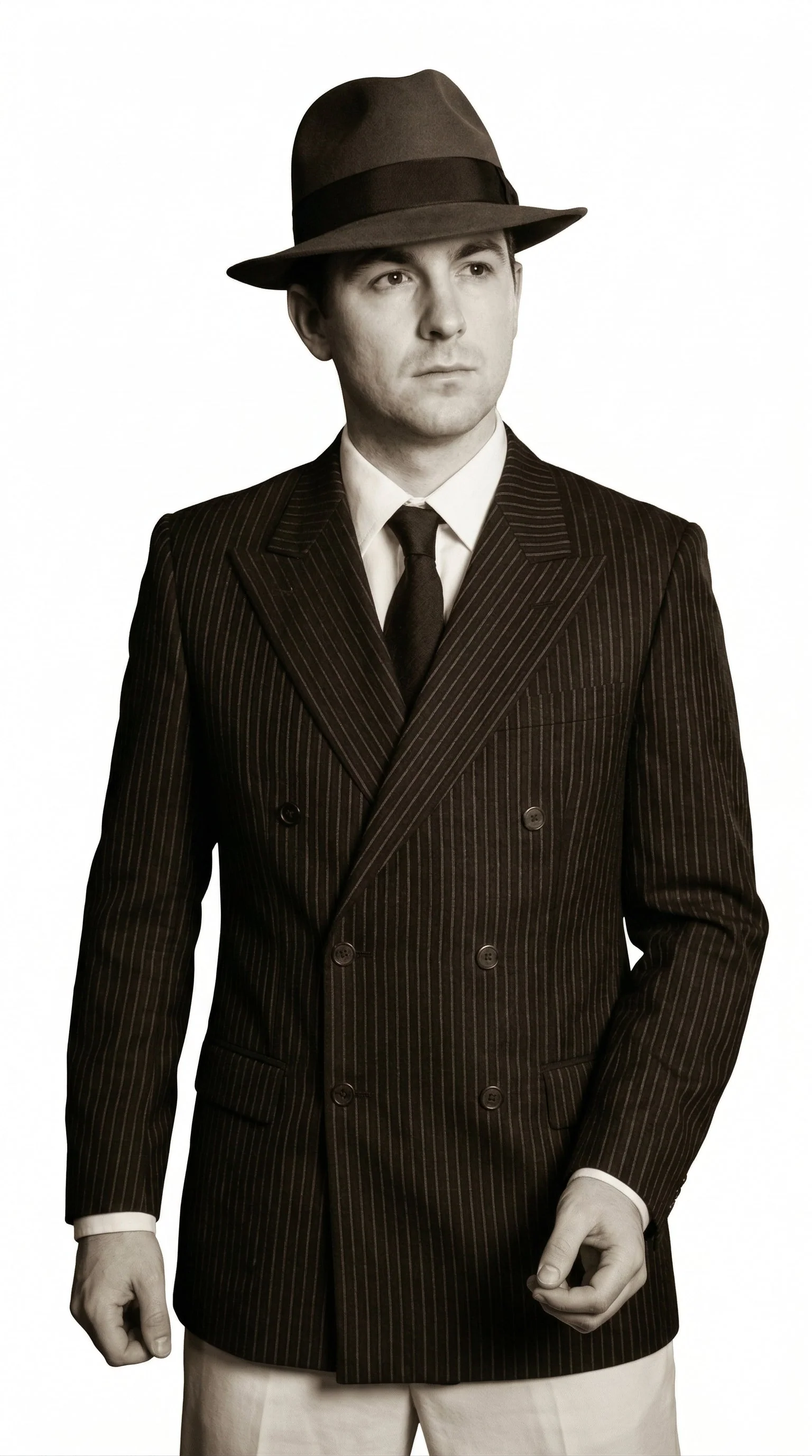 Men’s Black Pinstripe Blazer with White Pants 1920s Gangster Mob Boss Style Suit – Double Breasted Vintage Formal Jacket, Classic Party Costume Wear - Image 4