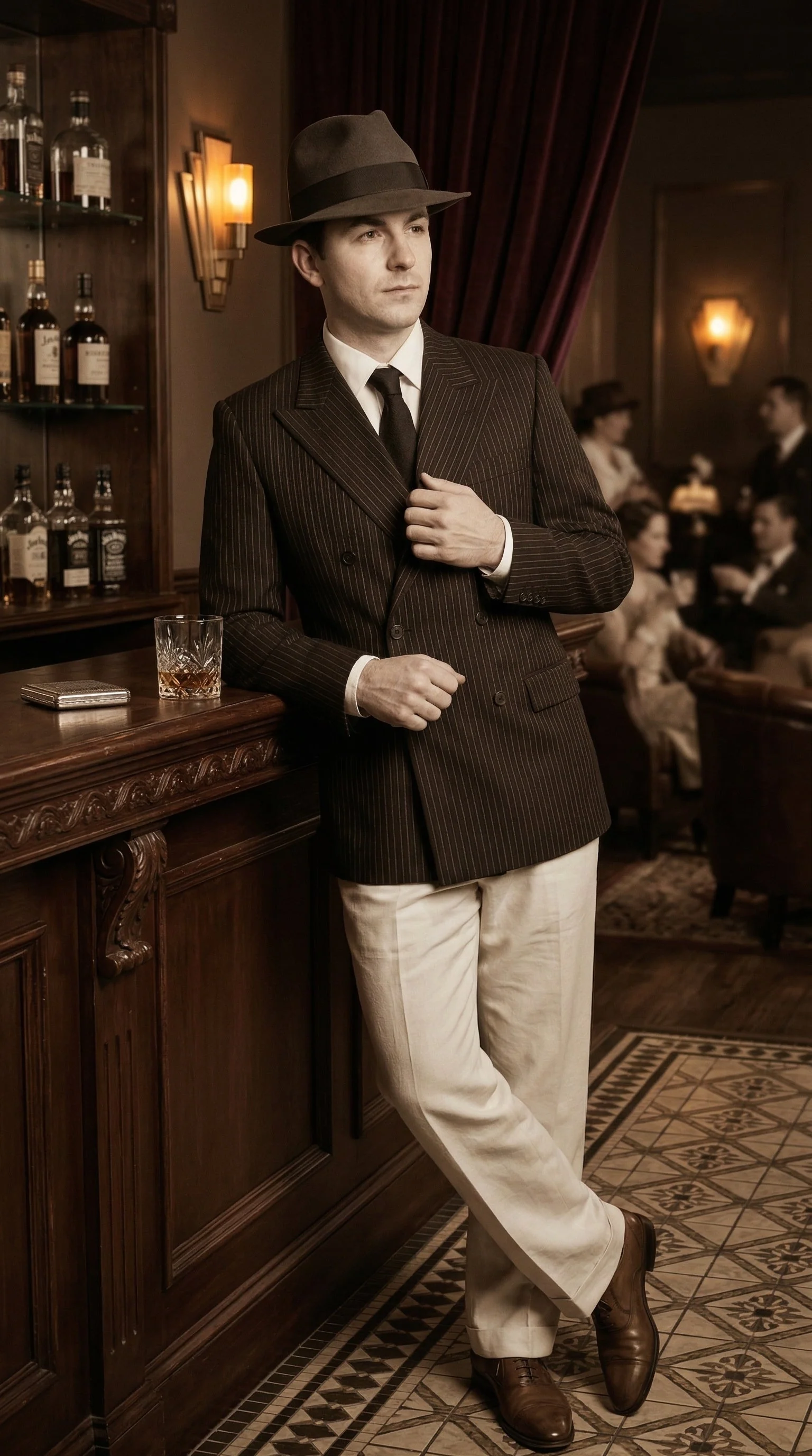 Men’s Black Pinstripe Blazer with White Pants 1920s Gangster Mob Boss Style Suit – Double Breasted Vintage Formal Jacket, Classic Party Costume Wear - Image 5