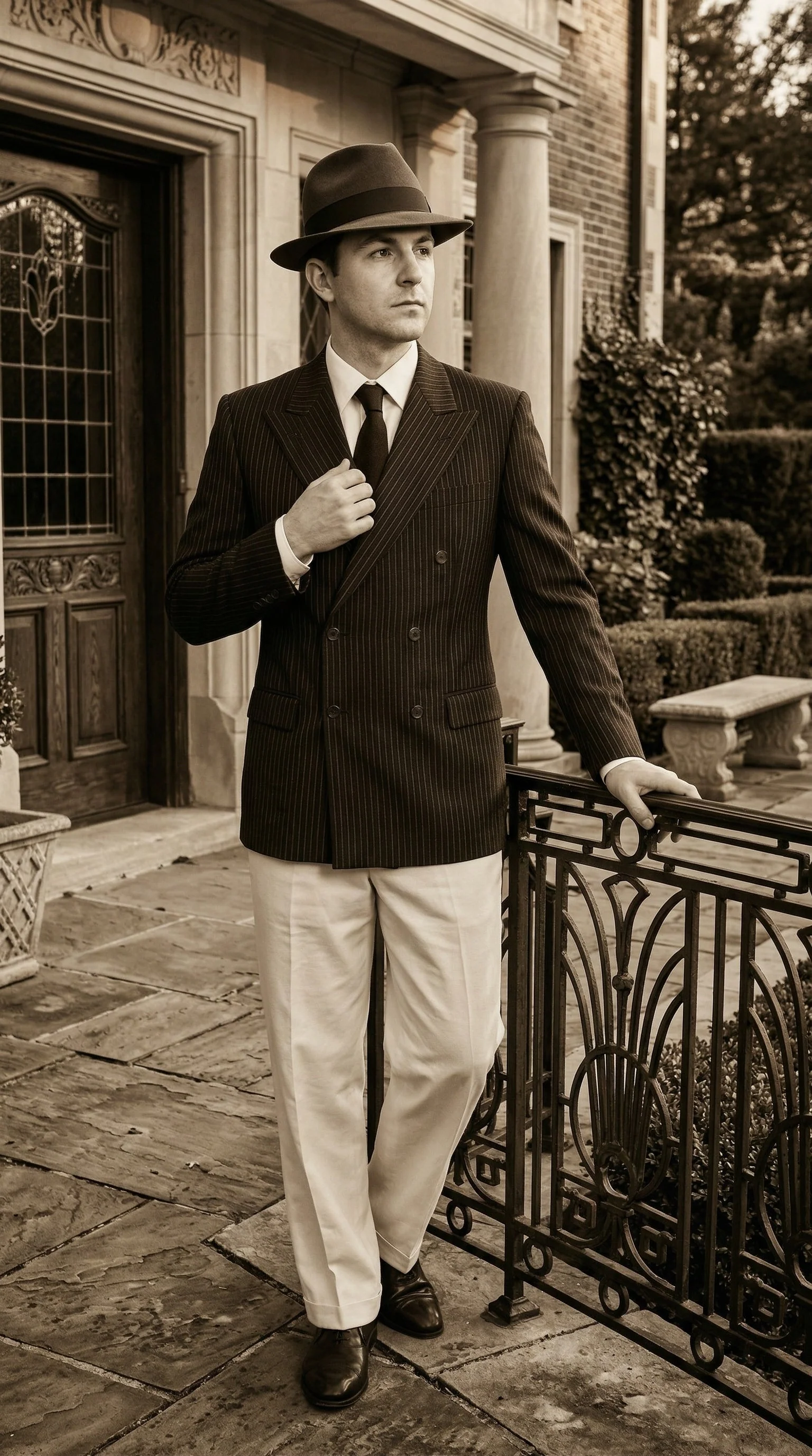 Men’s Black Pinstripe Blazer with White Pants 1920s Gangster Mob Boss Style Suit – Double Breasted Vintage Formal Jacket, Classic Party Costume Wear - Image 9