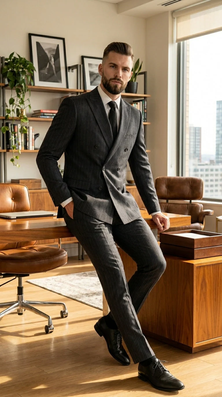 Men’s Black Pinstripe Double Breasted Suit – Classic Formal Business Suit Office and Evening Wear Modern Fit Conservative pattern - Image 12