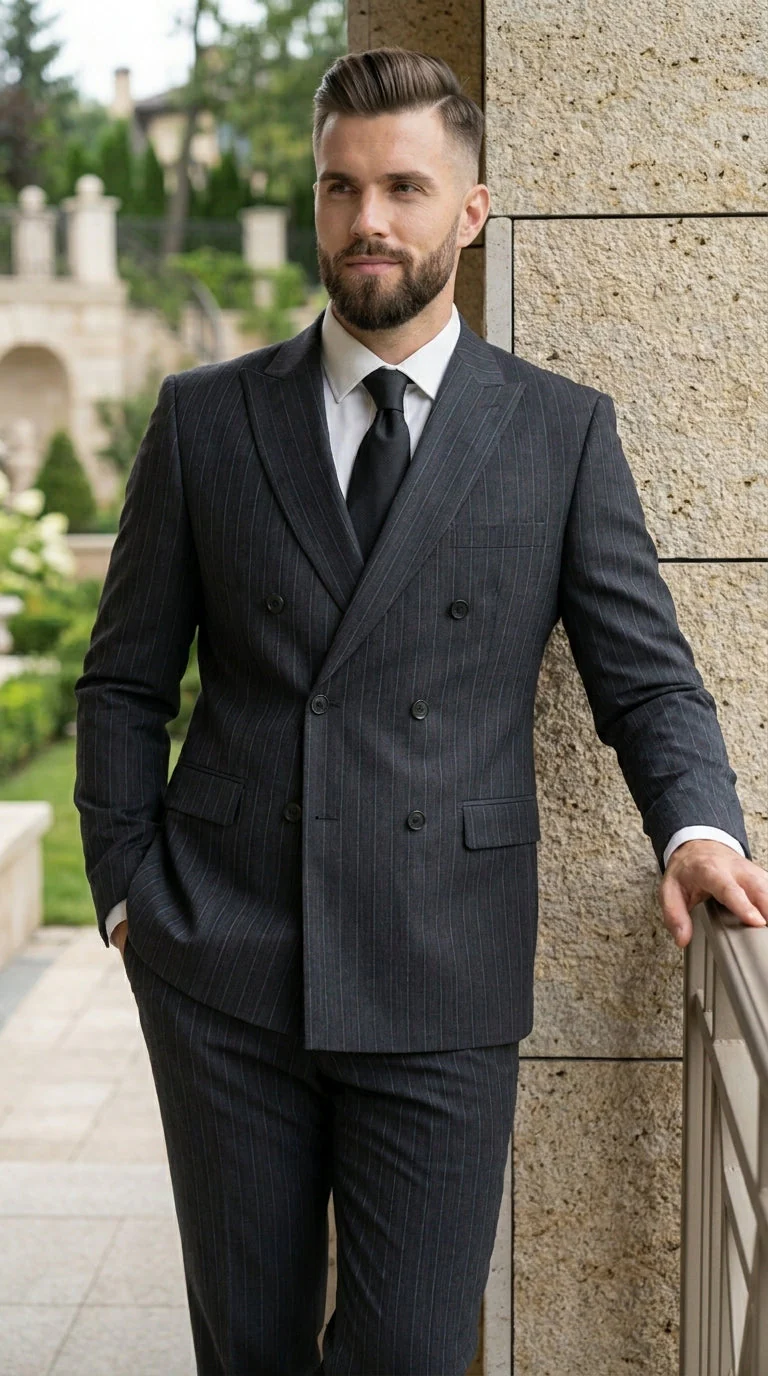 Men’s Black Pinstripe Double Breasted Suit – Classic Formal Business Suit Office and Evening Wear Modern Fit Conservative pattern - Image 15