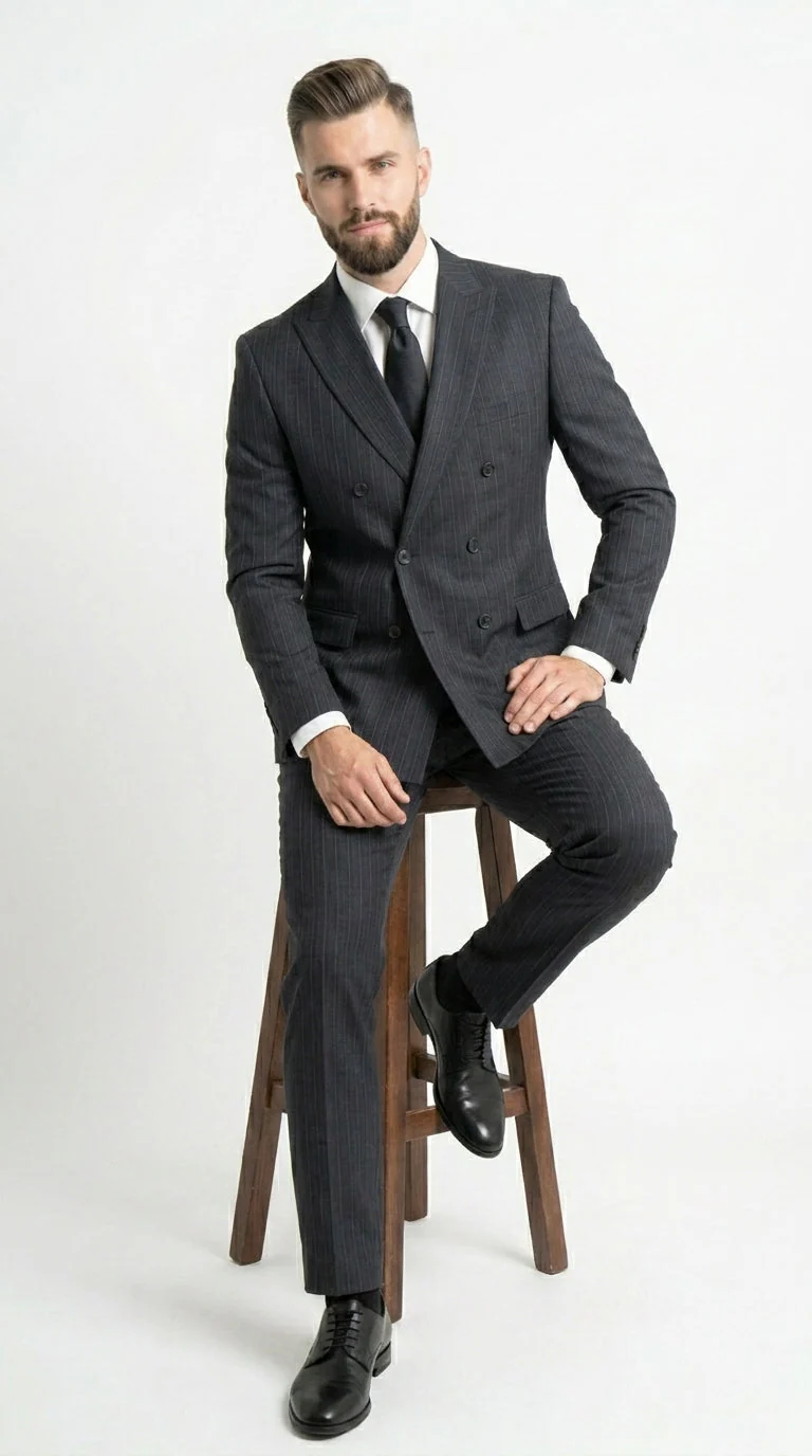 Men’s Black Pinstripe Double Breasted Suit – Classic Formal Business Suit Office and Evening Wear Modern Fit Conservative pattern - Image 5