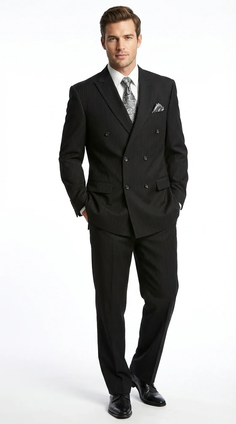 Men’s Black Pinstripe Double Breasted Suit – Peak Lapel Classic Fit Formal Business Conservative settle stripe - Image 2