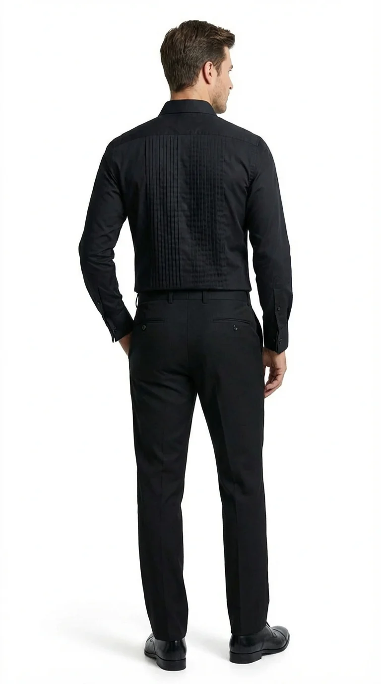 Men’s Black Pleated Tuxedo Dress Shirt | Formal Laydown Collar Button-Up Shirt for Weddings & Black Tie By Tiglio - Image 2