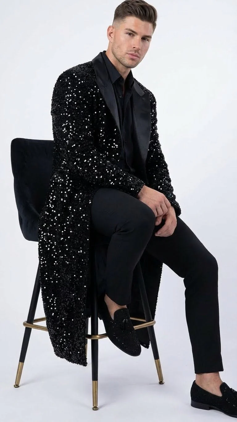 Men’s Black Sequin Long Coat with Satin Shawl Lapel – Luxury Statement Evening Overcoat - Image 5