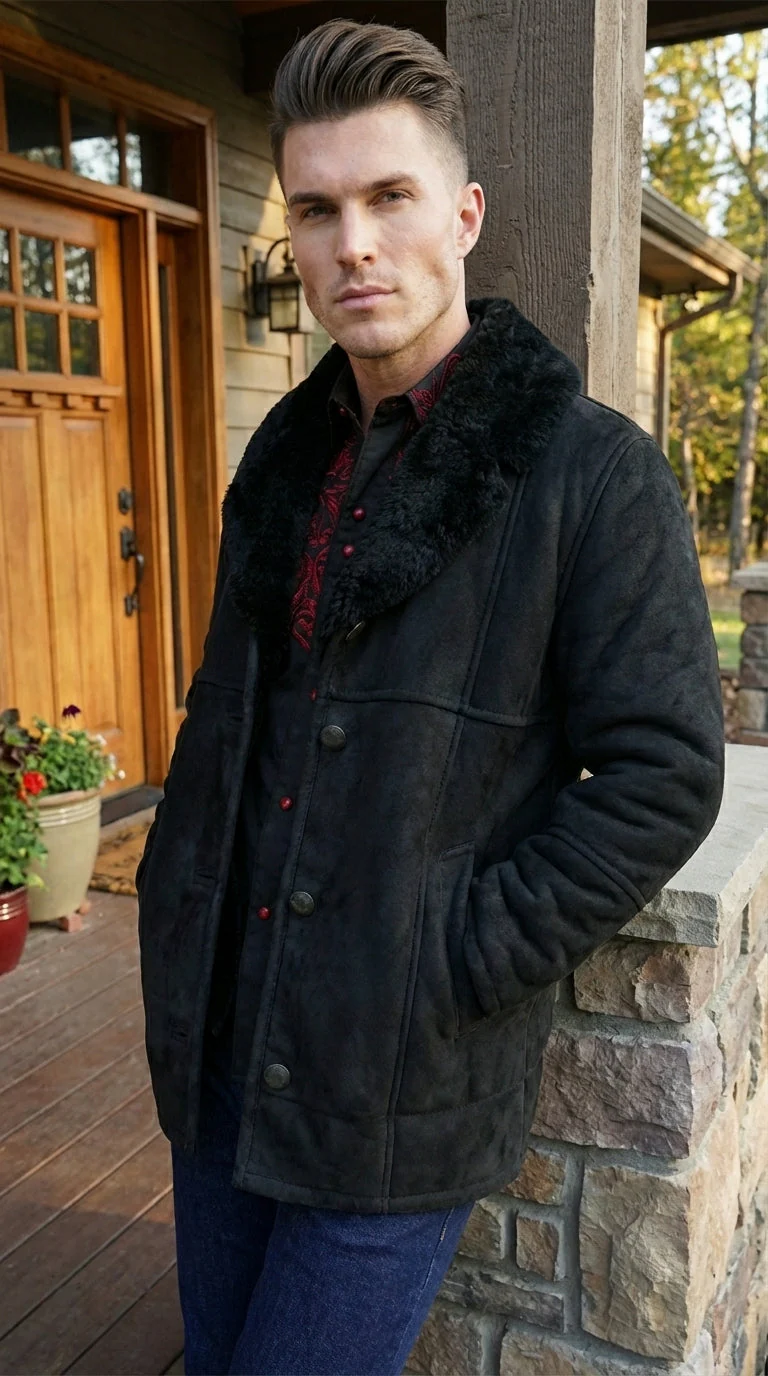 Men’s Black Sheepskin Leather Jacket Cowboy – Warm Faux Fur Collar Coat, Winter Long Jacket, Casual Western Style Outerwear - Image 10