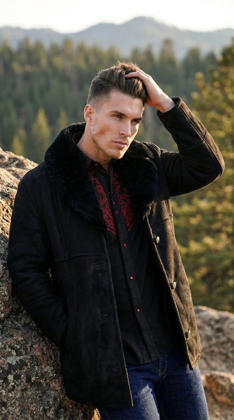 Men’s Black Sheepskin Leather Jacket Cowboy – Warm Faux Fur Collar Coat, Winter Long Jacket, Casual Western Style Outerwear - Image 11
