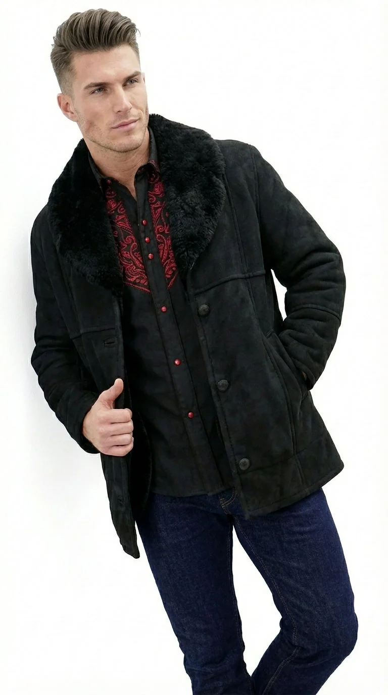 Men’s Black Sheepskin Leather Jacket Cowboy – Warm Faux Fur Collar Coat, Winter Long Jacket, Casual Western Style Outerwear - Image 12