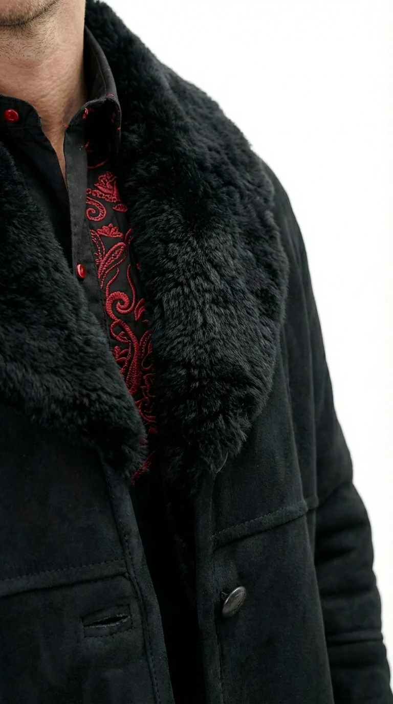 Men’s Black Sheepskin Leather Jacket Cowboy – Warm Faux Fur Collar Coat, Winter Long Jacket, Casual Western Style Outerwear - Image 13