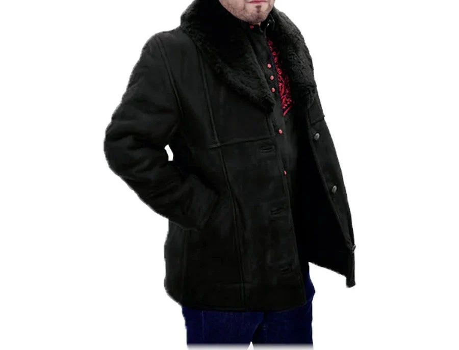 Men’s Black Sheepskin Leather Jacket Cowboy – Warm Faux Fur Collar Coat, Winter Long Jacket, Casual Western Style Outerwear - Image 14