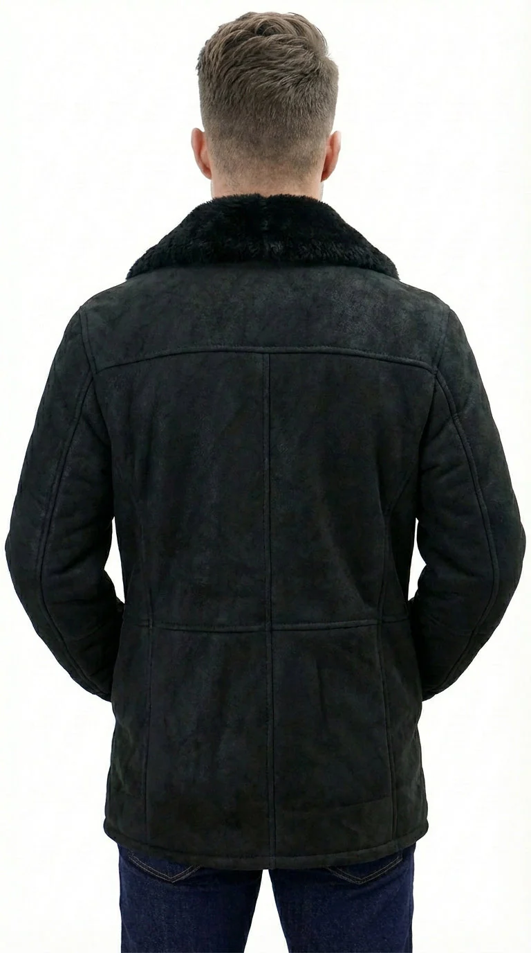 Men’s Black Sheepskin Leather Jacket Cowboy – Warm Faux Fur Collar Coat, Winter Long Jacket, Casual Western Style Outerwear - Image 2