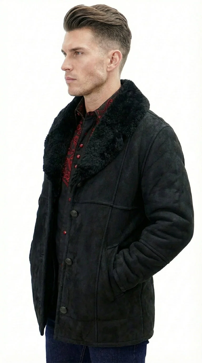 Men’s Black Sheepskin Leather Jacket Cowboy – Warm Faux Fur Collar Coat, Winter Long Jacket, Casual Western Style Outerwear - Image 4