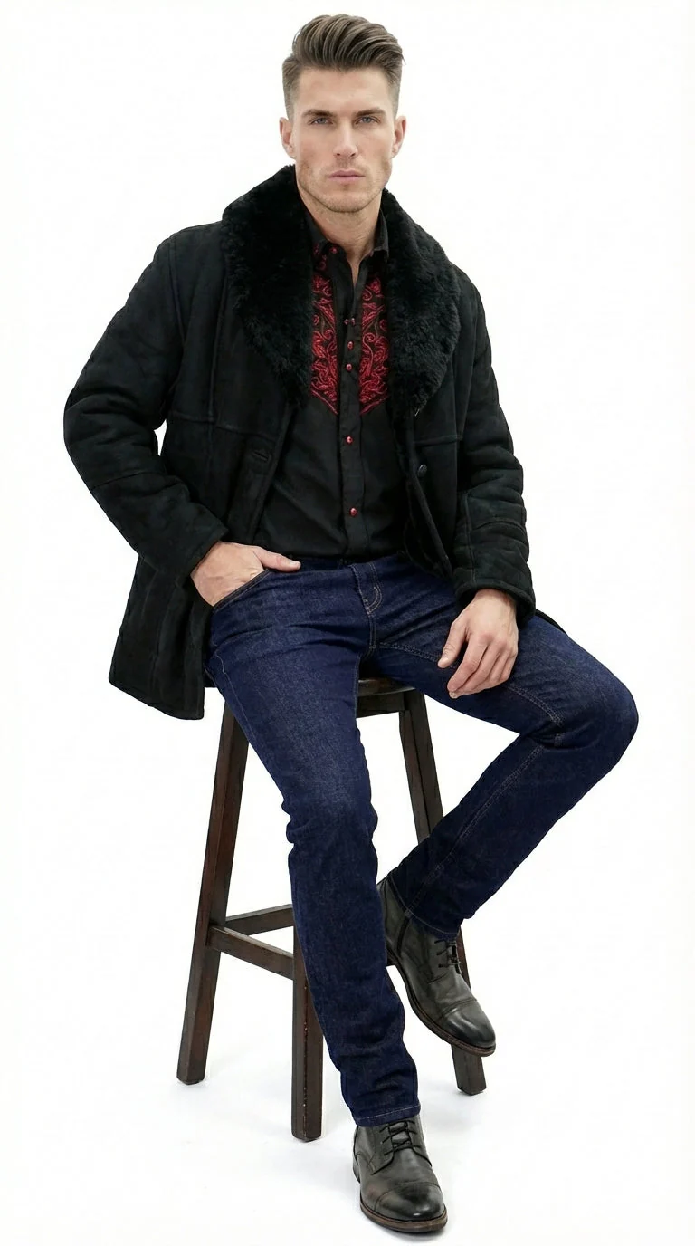 Men’s Black Sheepskin Leather Jacket Cowboy – Warm Faux Fur Collar Coat, Winter Long Jacket, Casual Western Style Outerwear - Image 5