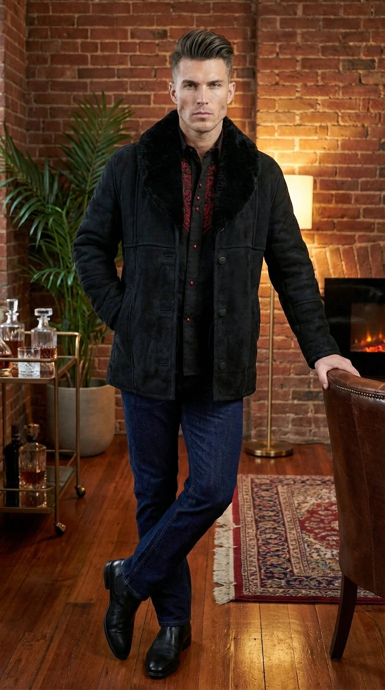 Men’s Black Sheepskin Leather Jacket Cowboy – Warm Faux Fur Collar Coat, Winter Long Jacket, Casual Western Style Outerwear - Image 8