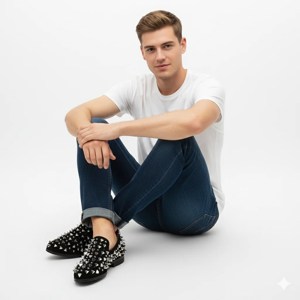 Men’s Black Studded Loafers with Silver Spikes – Luxury Slip-On Dress Shoes for Parties and Formal Events - Image 3