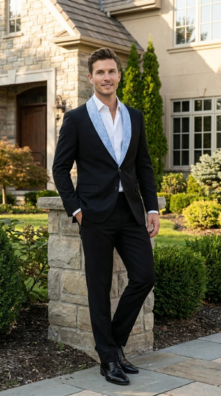 Men’s Black Suit with Light Blue Lapel – Modern Formal Tuxedo Style Suit for Wedding, Prom, Party and Sky Powder Blue Color - Image 10