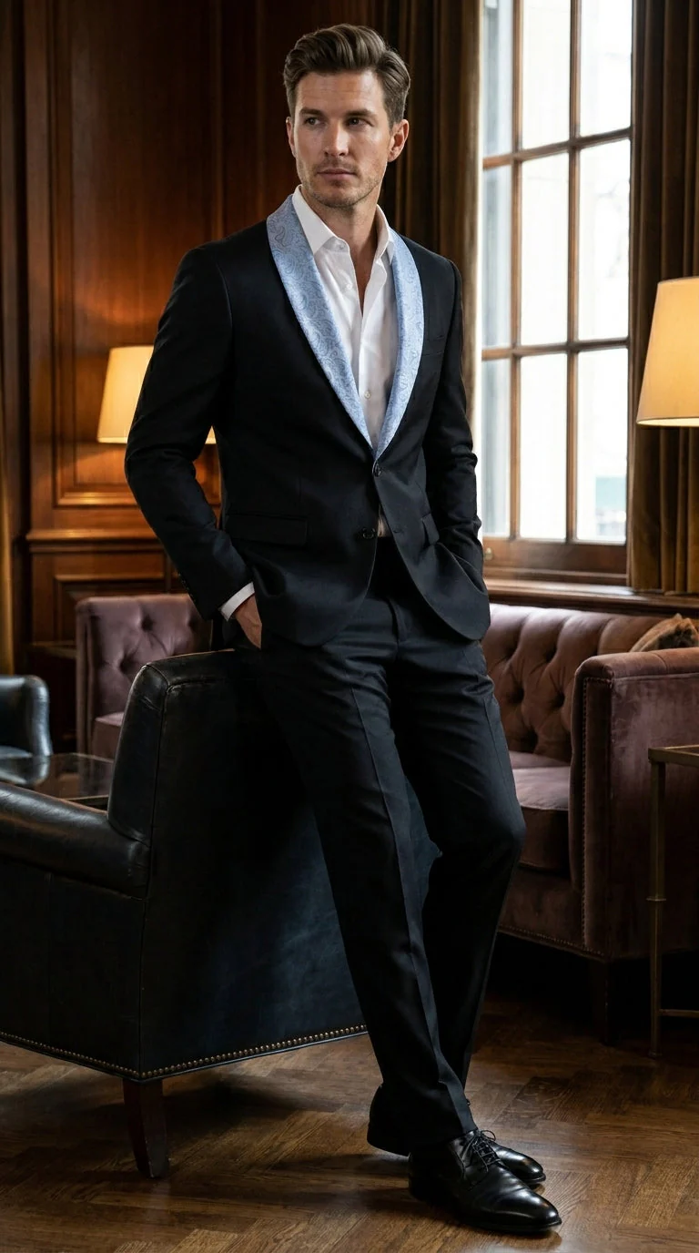 Men’s Black Suit with Light Blue Lapel – Modern Formal Tuxedo Style Suit for Wedding, Prom, Party and Sky Powder Blue Color - Image 11