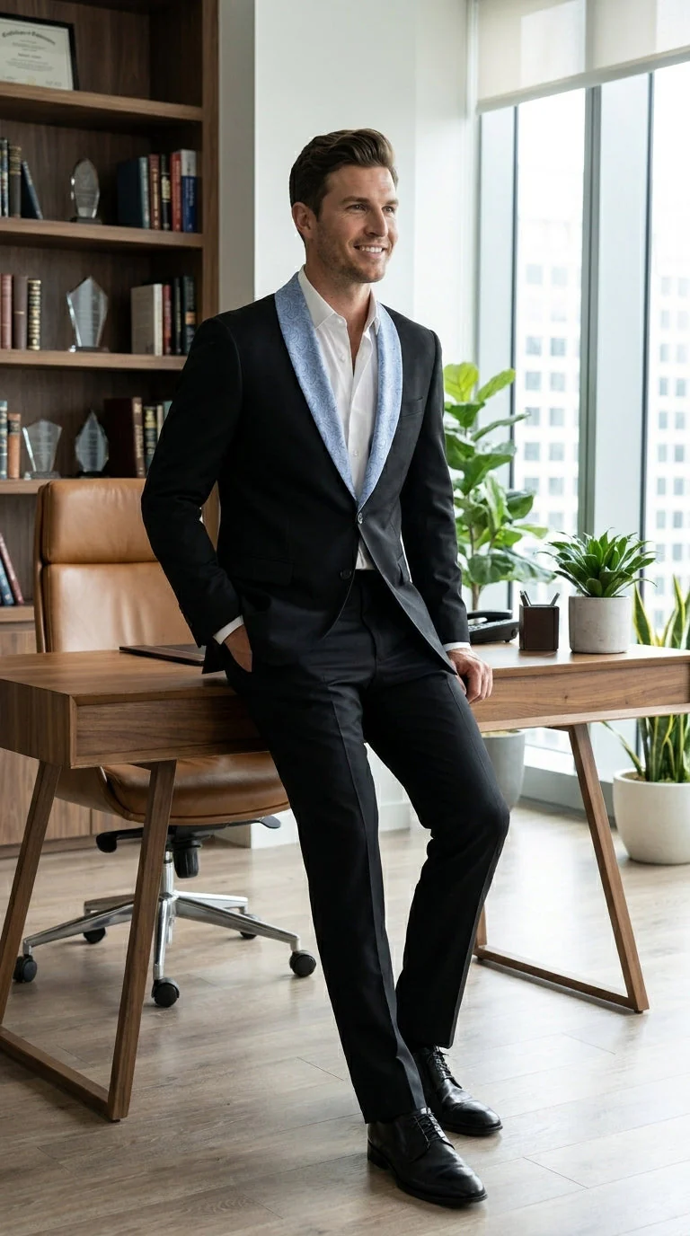 Men’s Black Suit with Light Blue Lapel – Modern Formal Tuxedo Style Suit for Wedding, Prom, Party and Sky Powder Blue Color - Image 12