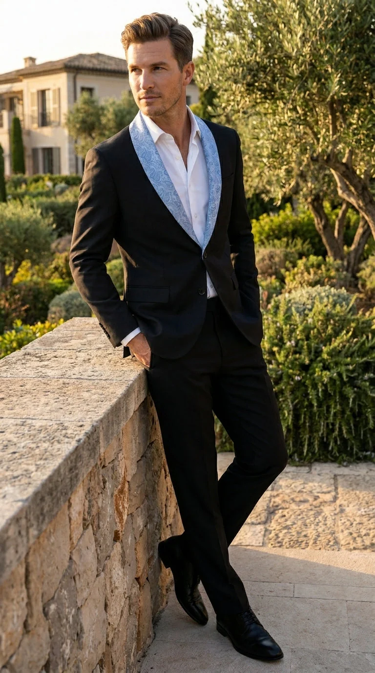 Men’s Black Suit with Light Blue Lapel – Modern Formal Tuxedo Style Suit for Wedding, Prom, Party and Sky Powder Blue Color - Image 14