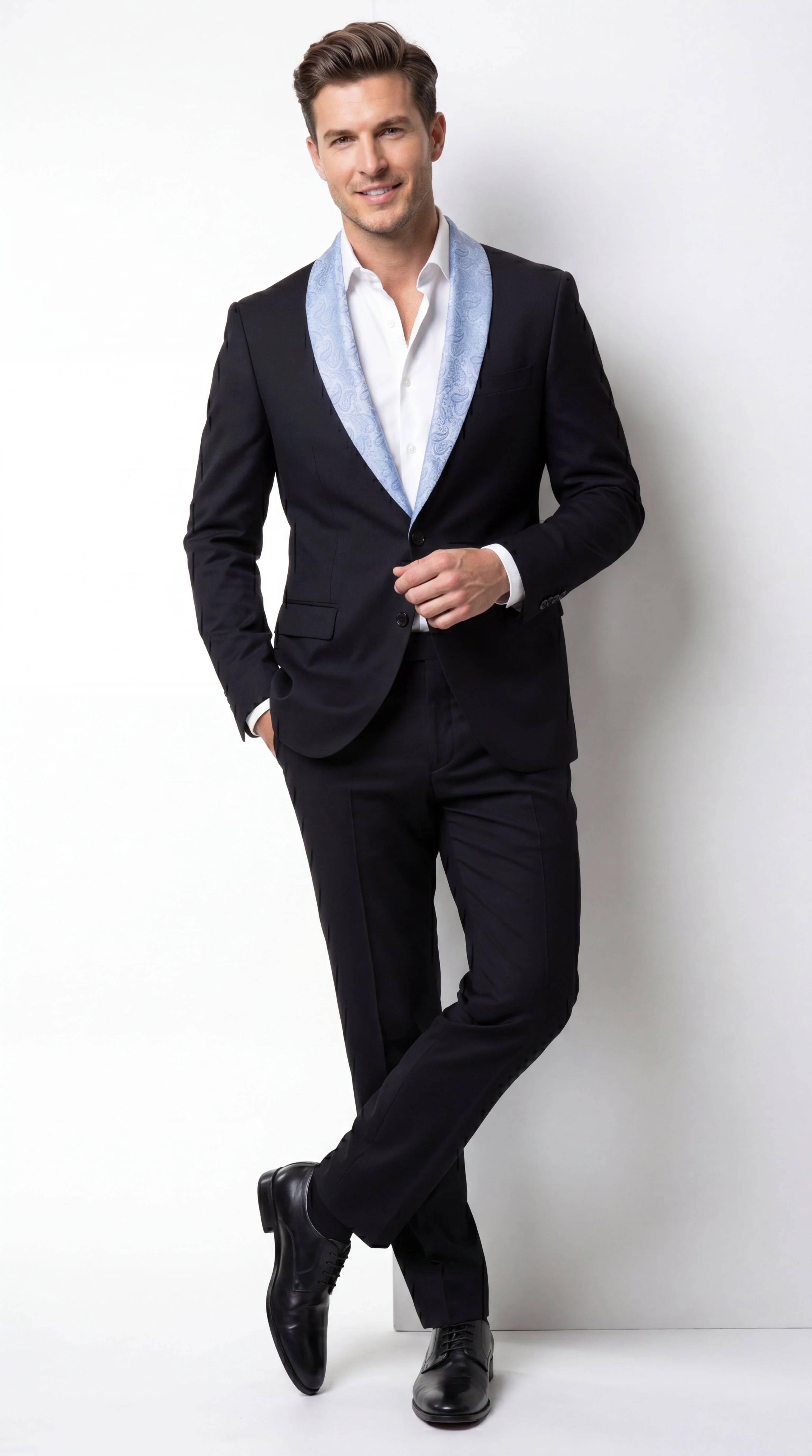 Men’s Black Suit with Light Blue Lapel – Modern Formal Tuxedo Style Suit for Wedding, Prom, Party and Sky Powder Blue Color - Image 3