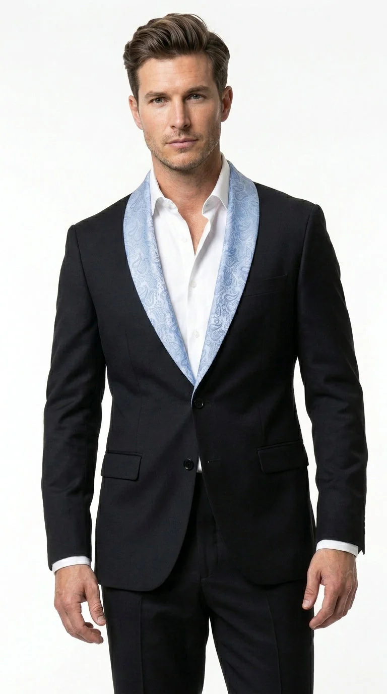 Men’s Black Suit with Light Blue Lapel – Modern Formal Tuxedo Style Suit for Wedding, Prom, Party and Sky Powder Blue Color - Image 6