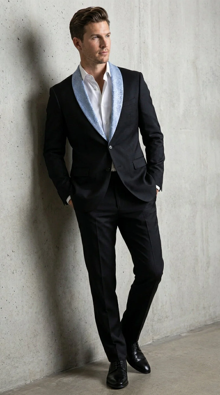 Men’s Black Suit with Light Blue Lapel – Modern Formal Tuxedo Style Suit for Wedding, Prom, Party and Sky Powder Blue Color - Image 8