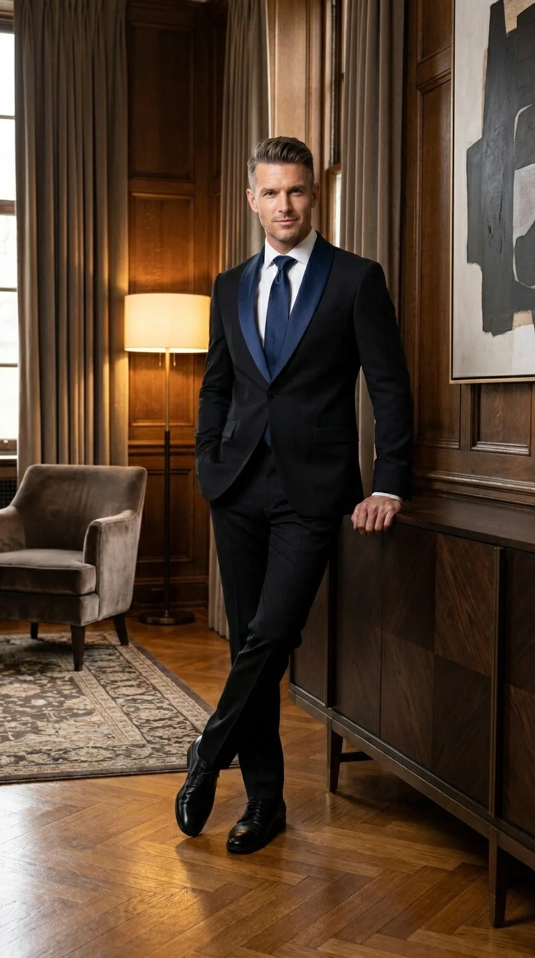 Men’s Black Suit with Navy Blue Lapel – Elegant Formal Tuxedo Style Suit for Wedding, Prom, Party and Evening Wear - Image 14