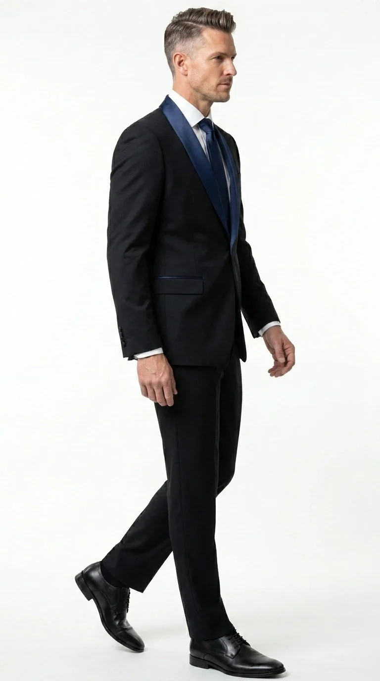 Men’s Black Suit with Navy Blue Lapel – Elegant Formal Tuxedo Style Suit for Wedding, Prom, Party and Evening Wear - Image 4