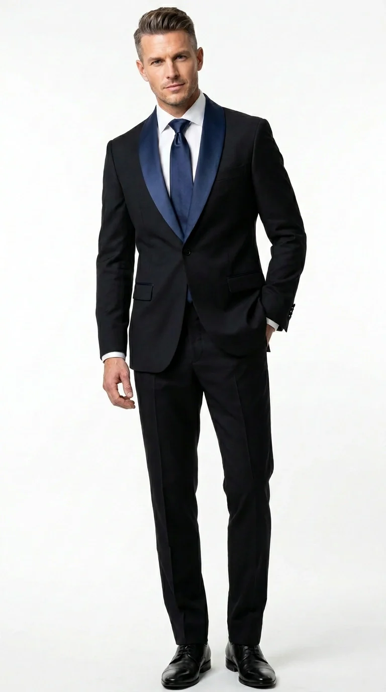 Men’s Black Suit with Navy Blue Lapel – Elegant Formal Tuxedo Style Suit for Wedding, Prom, Party and Evening Wear - Image 6