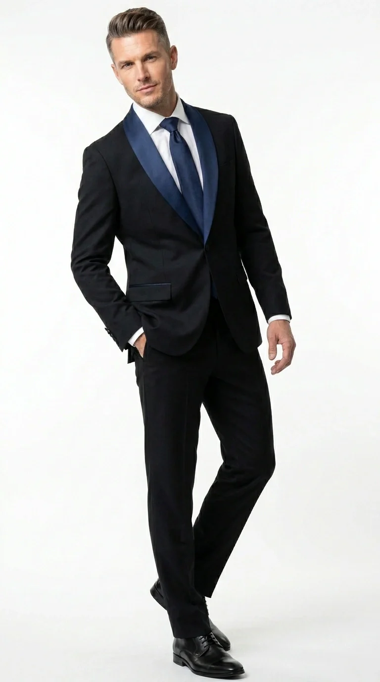 Men’s Black Suit with Navy Blue Lapel – Elegant Formal Tuxedo Style Suit for Wedding, Prom, Party and Evening Wear - Image 9