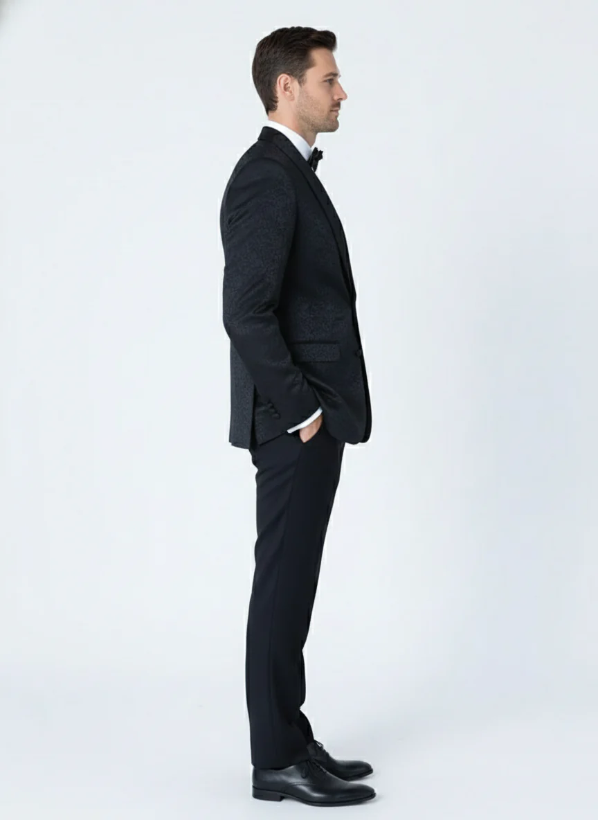 Men’s Black Textured Paisley floral Tuxedo Suit – Premium Slim Fit Formal Wedding, Prom, with Bowtie - Image 3