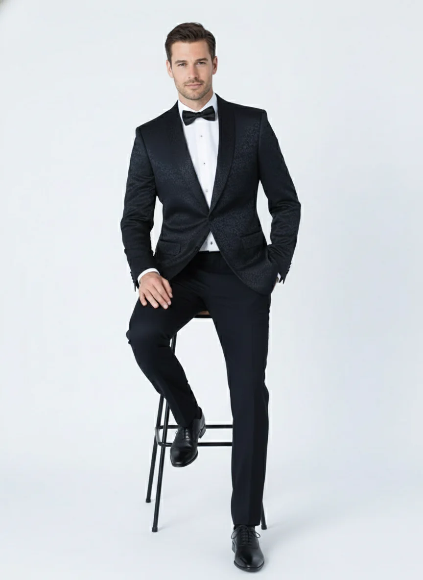 Men’s Black Textured Paisley floral Tuxedo Suit – Premium Slim Fit Formal Wedding, Prom, with Bowtie - Image 4