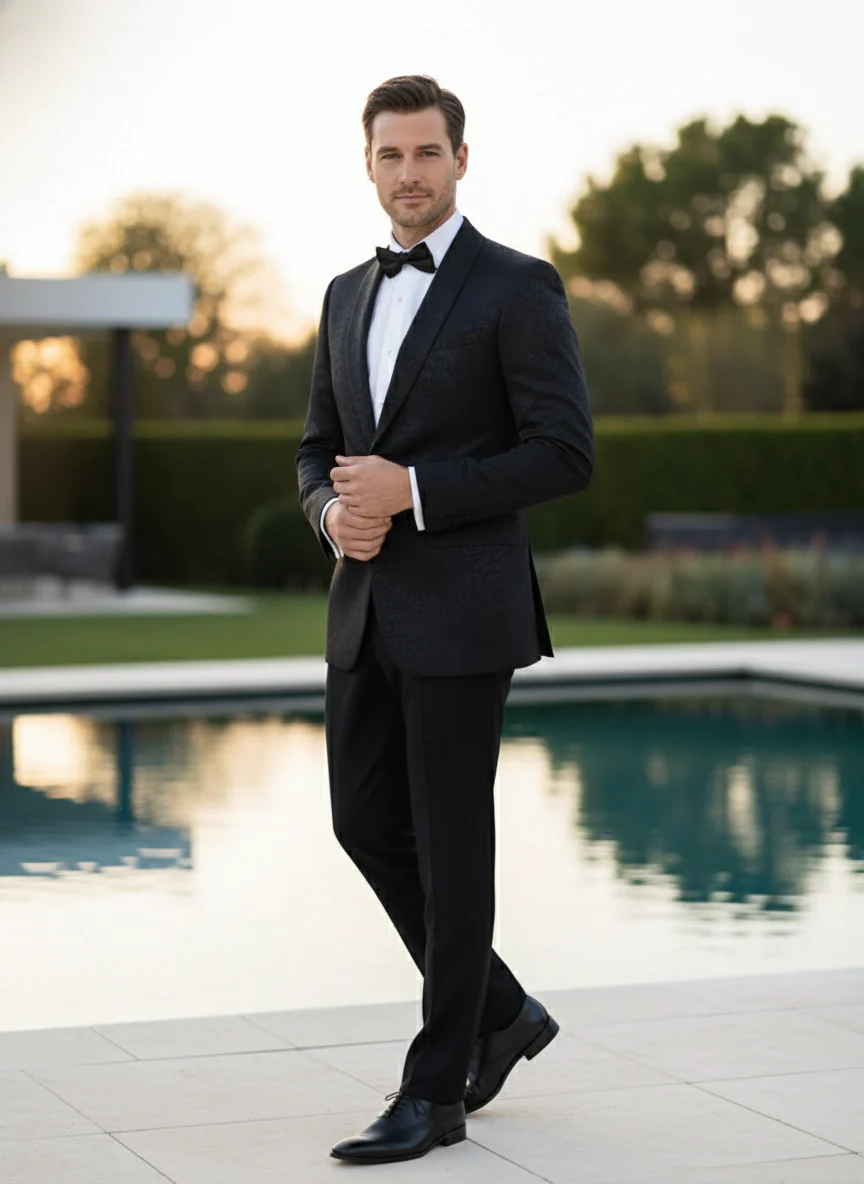 Men’s Black Textured Paisley floral Tuxedo Suit – Premium Slim Fit Formal Wedding, Prom, with Bowtie - Image 5
