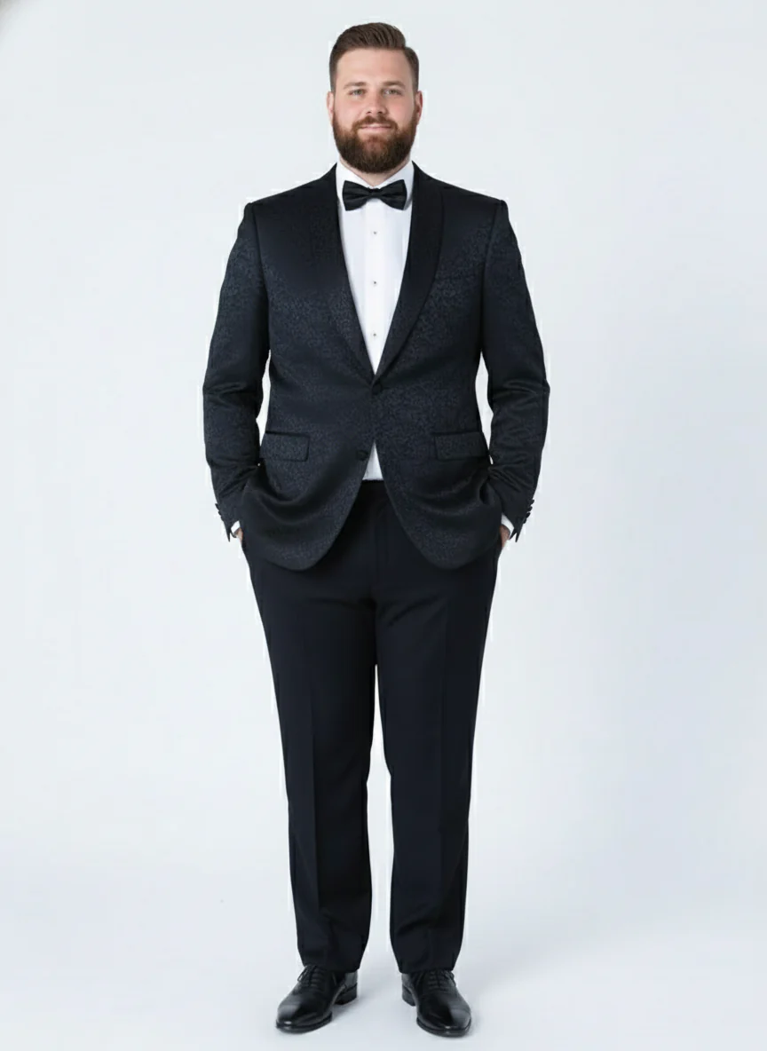 Men’s Black Textured Paisley floral Tuxedo Suit – Premium Slim Fit Formal Wedding, Prom, with Bowtie - Image 7