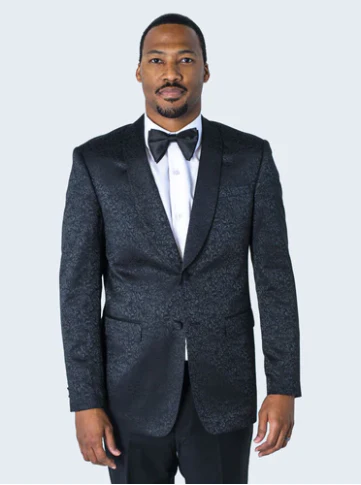 Men’s Black Textured Paisley floral Tuxedo Suit – Premium Slim Fit Formal Wedding, Prom, with Bowtie - Image 8