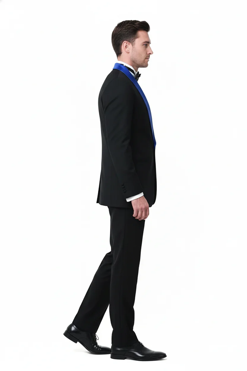 Men’s Black Tuxedo with Royal Blue Shawl Lapel | Modern Formal Dinner Jacket Suit + Pants for Weddings, Proms - Image 3