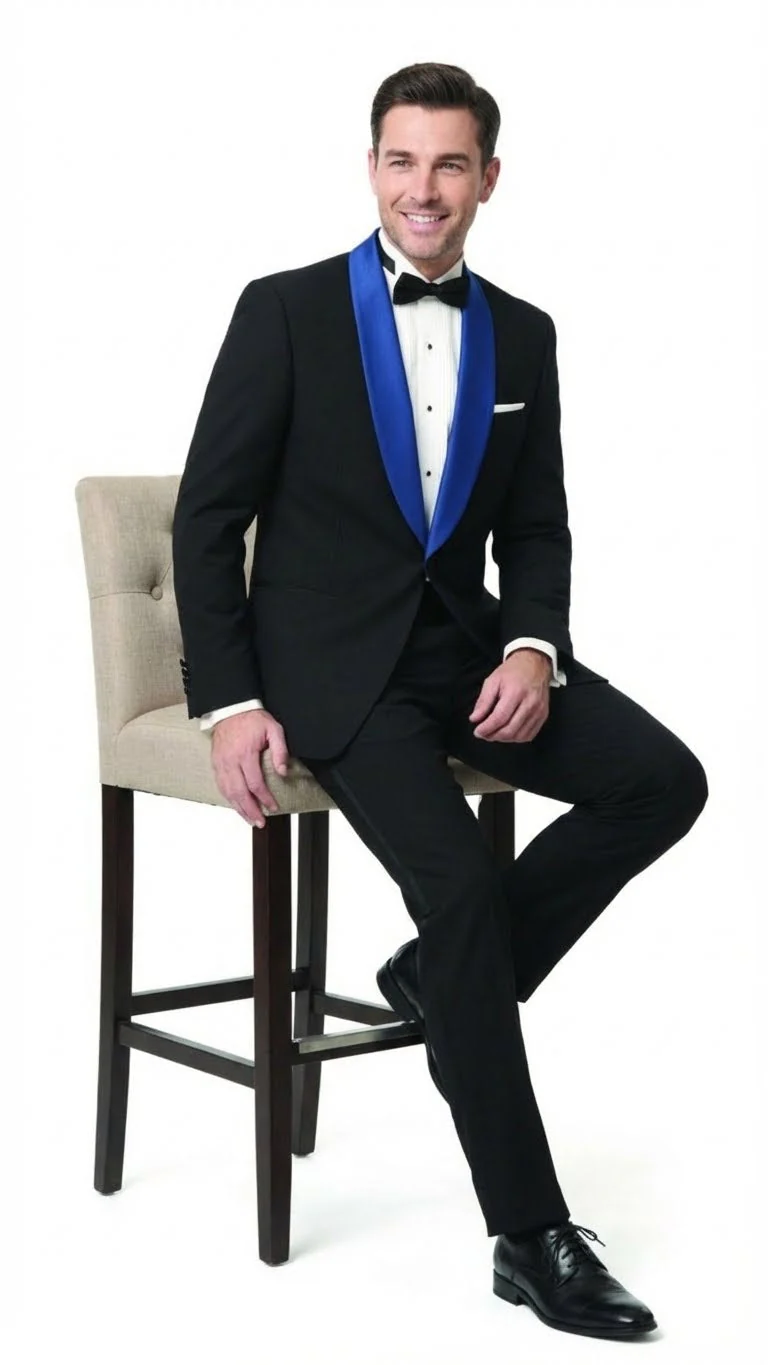Men’s Black Tuxedo with Royal Blue Shawl Lapel | Modern Formal Dinner Jacket Suit + Pants for Weddings, Proms - Image 4