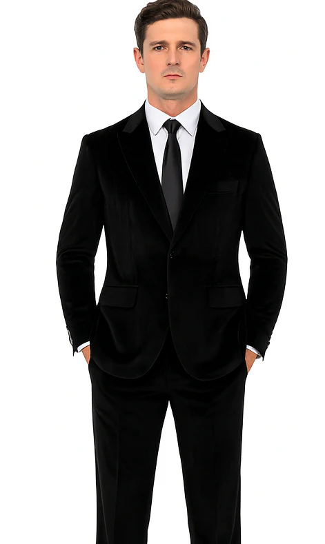 Men’s Black Velvet Peak Lapel Suit – 2-Piece Skinny Fit Formalwear by Tazzio