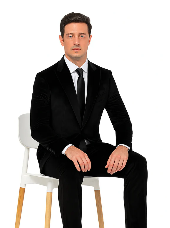 Men’s Black Velvet Peak Lapel Suit – 2-Piece Skinny Fit Formalwear by Tazzio - Image 4