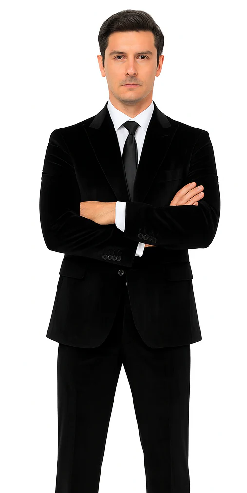 Men’s Black Velvet Peak Lapel Suit – 2-Piece Skinny Fit Formalwear by Tazzio - Image 7