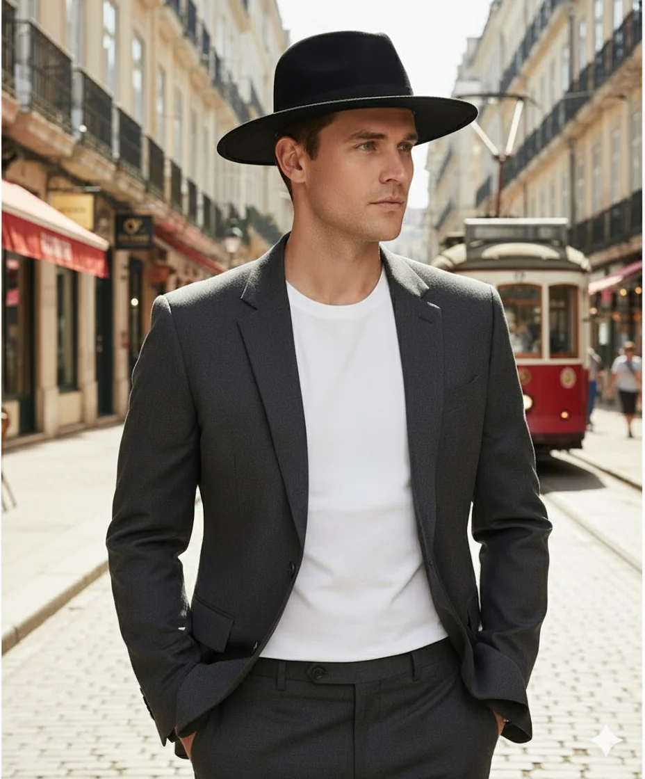 Men’s Black Wide Brim Fedora Hat – Classic Wool Felt Dress Hat with Matching Black Band - Image 4