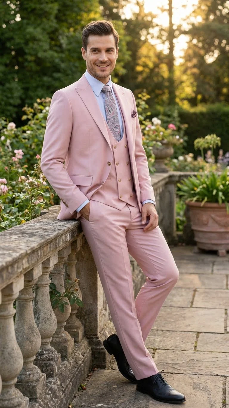 Men’s Blush Pink and Gold Three-Piece Suit – Tailored Fit Formal Wedding, Vested Suit By Rossiman - Image 6