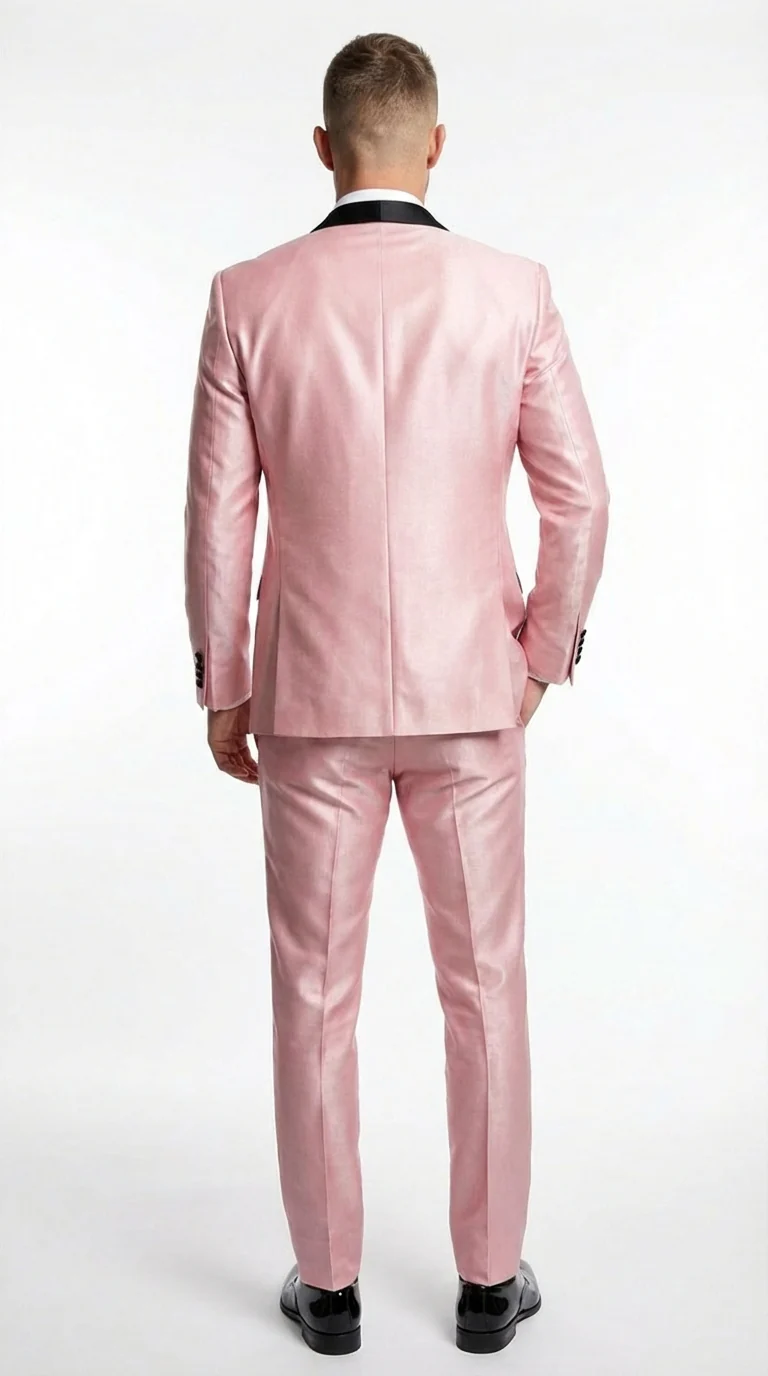 Men’s Blush Pink Shiny 3 Piece Suit with Black Shawl Lapel | Light Pink Prom Suit Sharkskin Fabric - Ultra Slim Fit - Image 2