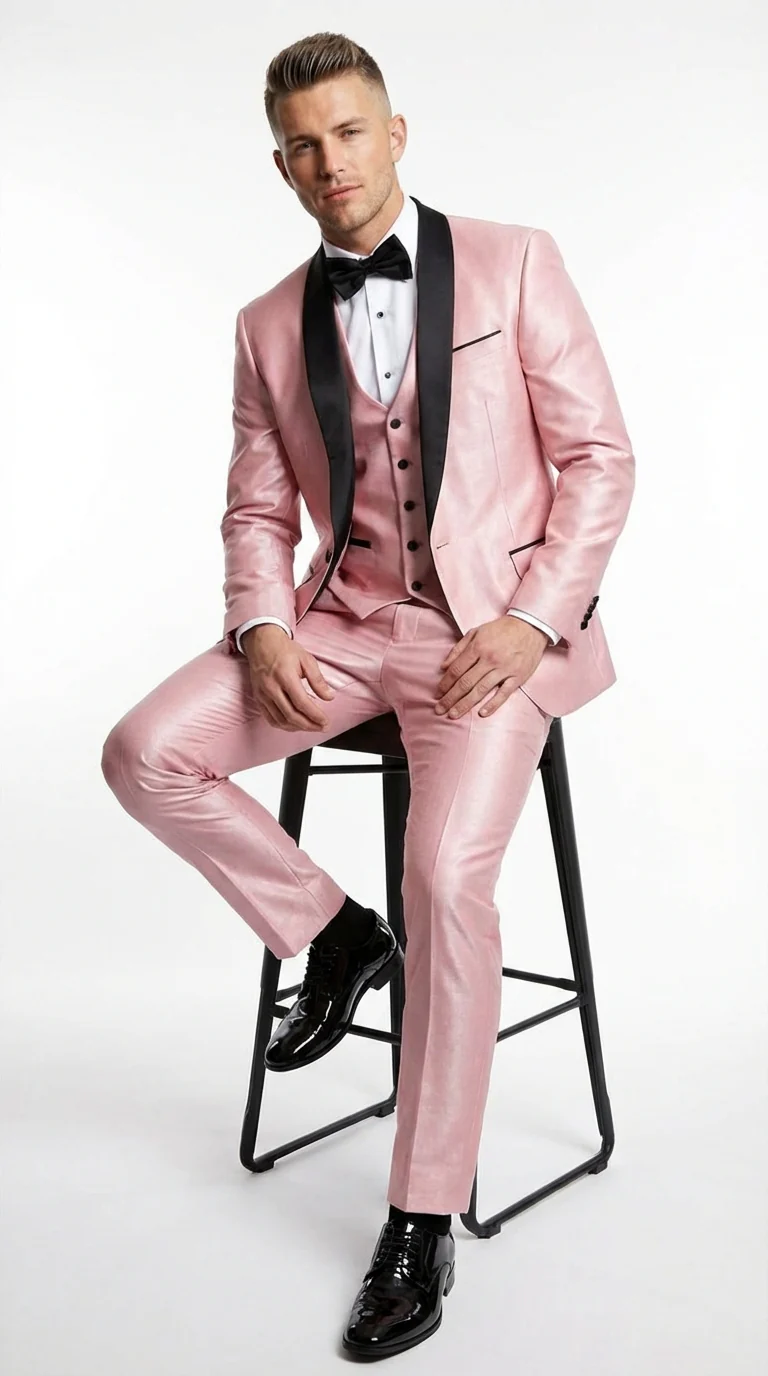 Men’s Blush Pink Shiny 3 Piece Suit with Black Shawl Lapel | Light Pink Prom Suit Sharkskin Fabric - Ultra Slim Fit - Image 4
