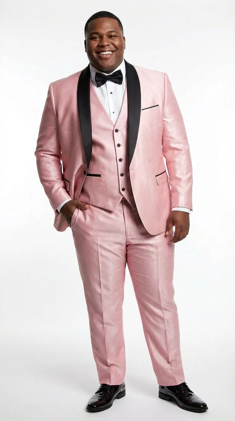 Men’s Blush Pink Shiny 3 Piece Suit with Black Shawl Lapel | Light Pink Prom Suit Sharkskin Fabric - Ultra Slim Fit - Image 6