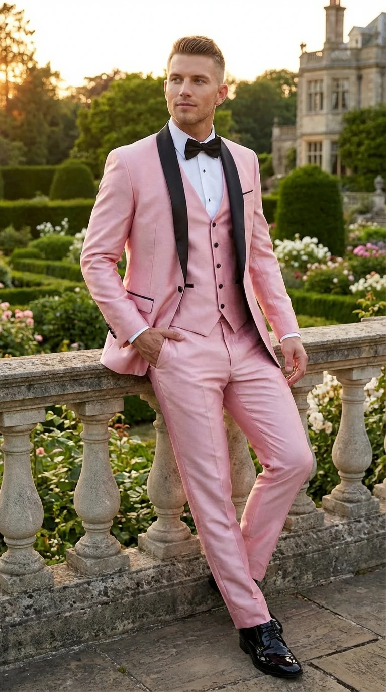 Men’s Blush Pink Shiny 3 Piece Suit with Black Shawl Lapel | Light Pink Prom Suit Sharkskin Fabric - Ultra Slim Fit - Image 7