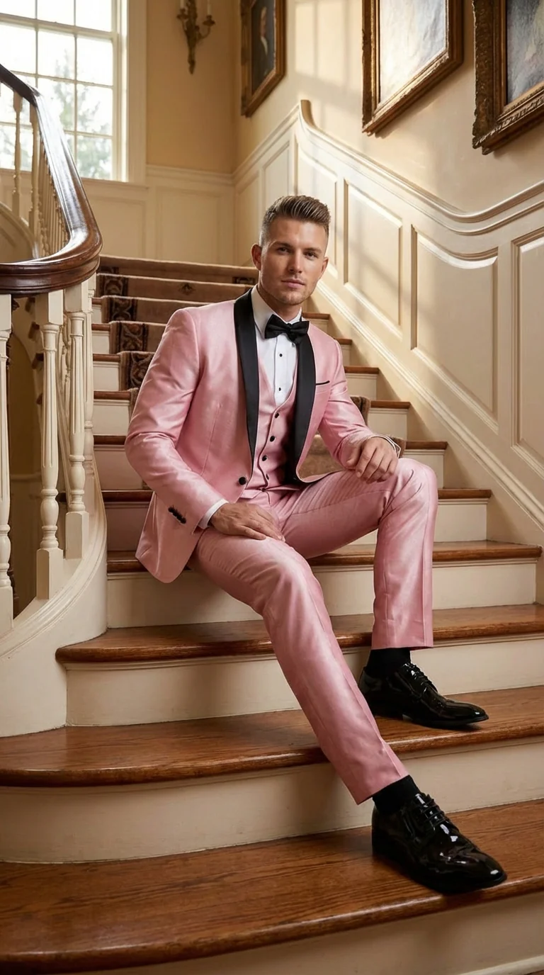 Men’s Blush Pink Shiny 3 Piece Suit with Black Shawl Lapel | Light Pink Prom Suit Sharkskin Fabric - Ultra Slim Fit - Image 8